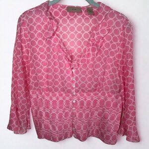 i.e. feminine y2k pink silk blouse with ruffle scoop neckline and bell sleeves L